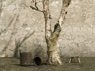 Scenic View Of Weathered Wall With Tree Trunk Wooden Bucket And Small Stool On Ground 3d model