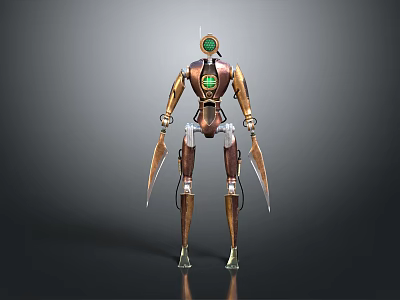 Sci Fi Mechanical Robot Character Standing With Green Core And Bladed Arms 3d model