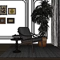 Stylish Accent Chair with Side Table Bowl of Fruits and Tall Green Plant on Rug