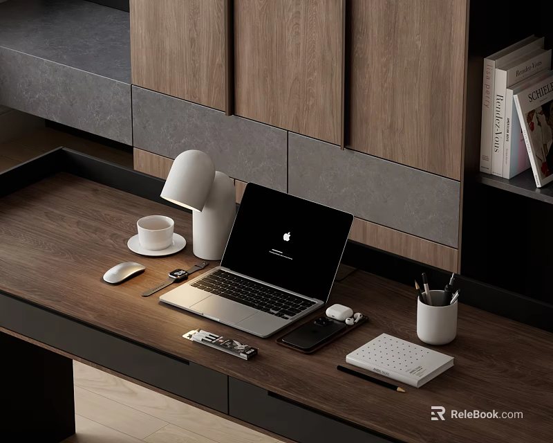 Modern Apple Laptop on Wooden Desk With Table Lamp Coffee Cup Mouse and Notebook 3d model 