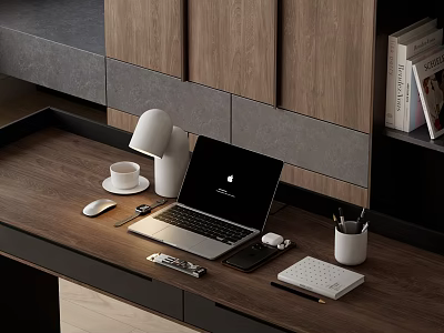 Modern Apple Laptop on Wooden Desk With Table Lamp Coffee Cup Mouse and Notebook 3d model
