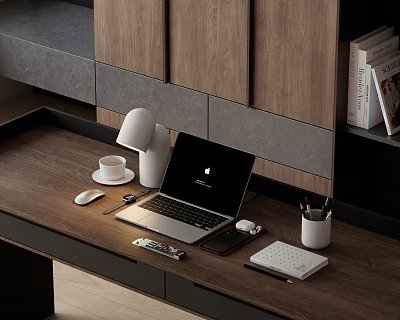 Modern Apple Laptop on Wooden Desk With Table Lamp Coffee Cup Mouse and Notebook 3d model