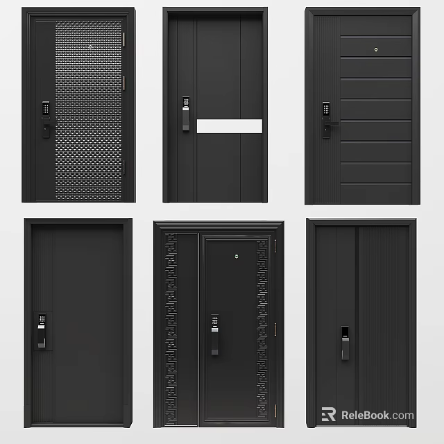Various Black Door Designs With Different Patterns And Handles 3d model