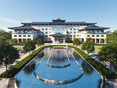 Chinese Style Sales Office Building With Traditional Roof Symmetrical Design And Front Water Pool Landscaping 3d model