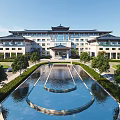 Chinese Style Sales Office Building With Traditional Roof Symmetrical Design And Front Water Pool Landscaping