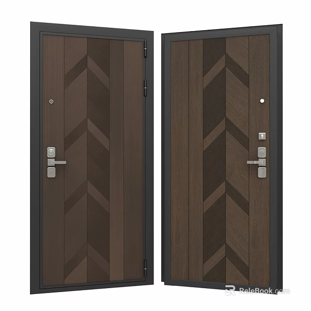 Dark Brown Hinged Doors With Chevron Pattern And Metal Handles Locks 3d model 