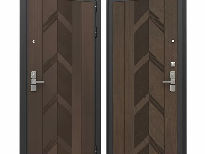 Dark Brown Hinged Doors With Chevron Pattern And Metal Handles Locks 3d model