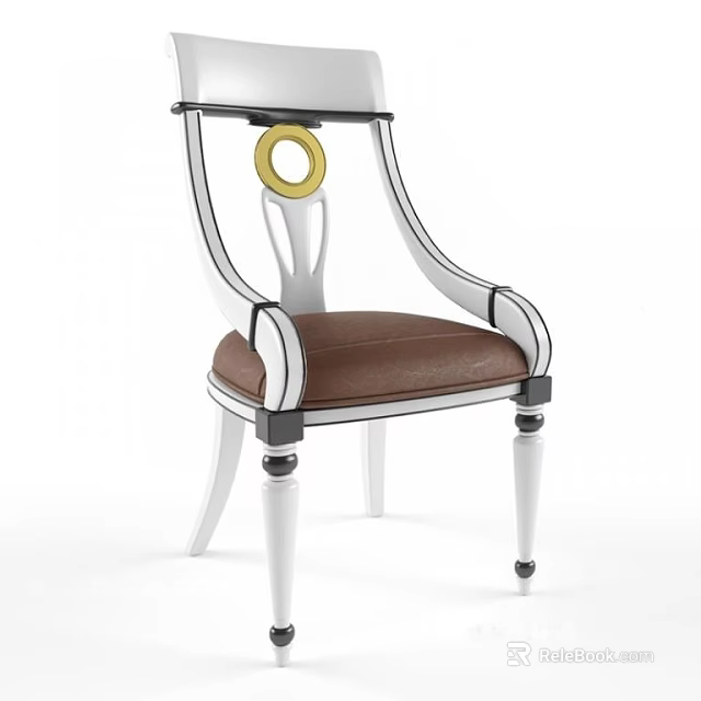 Elegant Modern Dining Chair Design With White Frame Brown Cushion And Golden Decorative Ring 3d model 