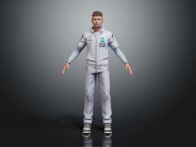 Man in Light Purple Coverall With Blue Logo Standing on Dark Background 3d model
