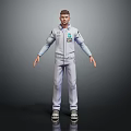 Man in Light Purple Coverall With Blue Logo Standing on Dark Background