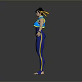 Woman With Pigtails In Blue Top And Blue Tight Pants With Black Wristbands