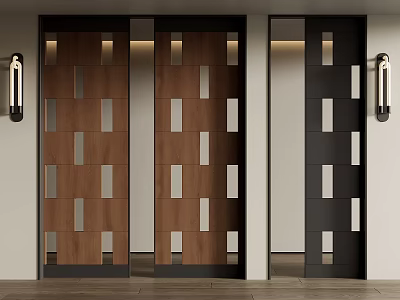 Modern Interior Hinged Doors Featuring Geometric Patterns In Brown And Black Wooden Frames 3d model