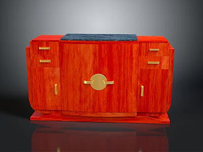 Elegant Red Wooden Furniture Cabinet With Gold Circular Handle And Black Top 3d model