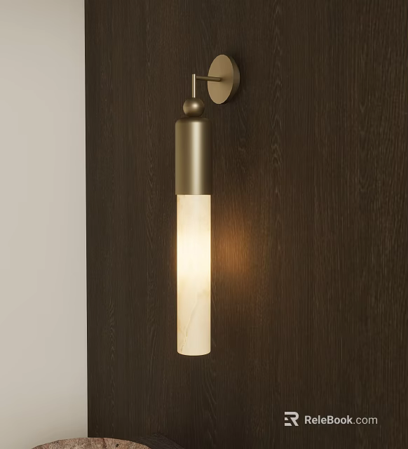 Modern Brass Wall Light With Cylindrical White Shade On Dark Wooden Wall Warm Glow 3d model 