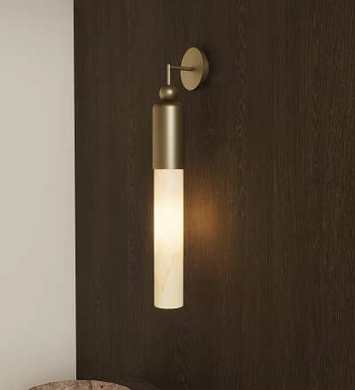 Modern Brass Wall Light With Cylindrical White Shade On Dark Wooden Wall Warm Glow 3d model