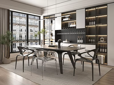 Dining Table and Chair Combination Restaurant Wine Cabinet Chandelier 3d model