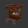 Red Canopy Food Cart With Wooden Display Shelf And Side Bench