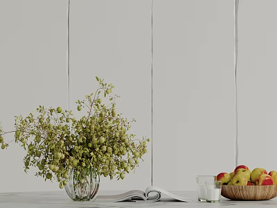 Decorative Ornament Set With Glass Vase Green Foliage Open Book Wooden Bowl Apples Glass Cup 3d model