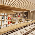 Traditional Japanese Restaurant Interior Design With Wooden Slat Ceiling Hanging Lanterns Bar Counter And Seating