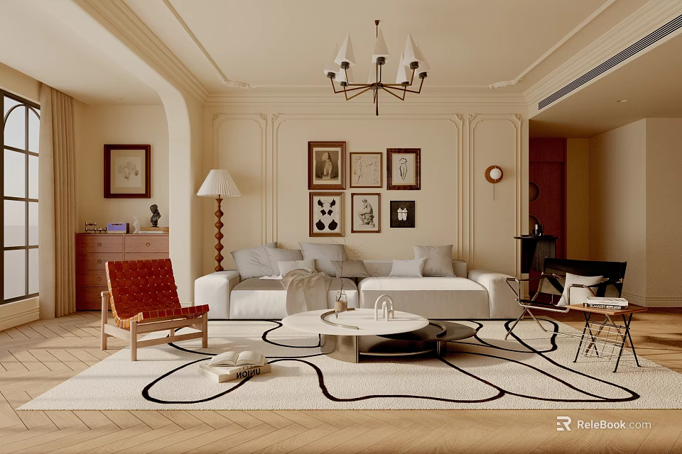 Beige Living Room Interior With Chandelier Sofa Decorative Paintings Floor Lamp And Armchair 3d model 