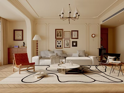 Beige Living Room Interior With Chandelier Sofa Decorative Paintings Floor Lamp And Armchair 3d model