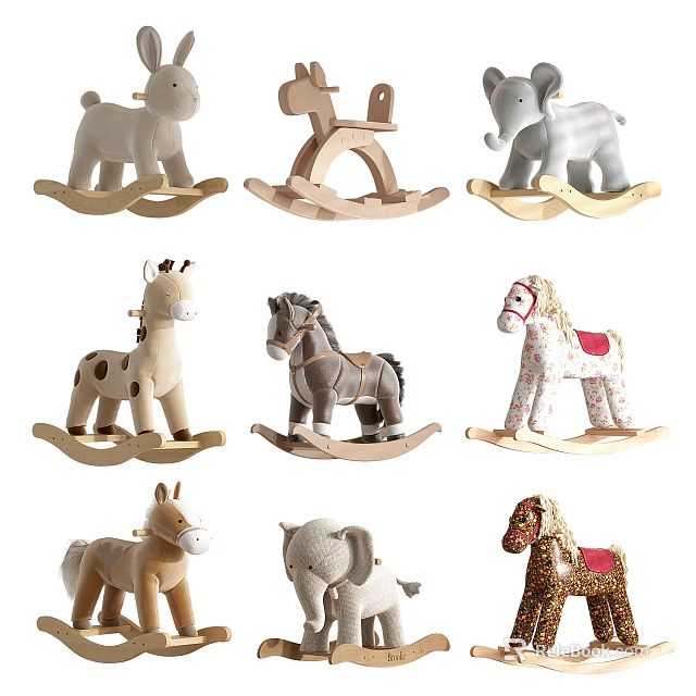 Wooden Rocking Animal Toys For Kids With Soft Plush And Cute Designs 3d model 
