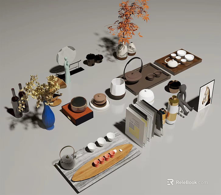 Traditional Tea Set With Teapot Teacups Wooden Tray And Decorative Plants 3d model 