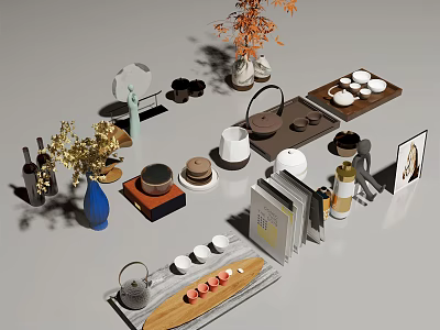 Traditional Tea Set With Teapot Teacups Wooden Tray And Decorative Plants 3d model