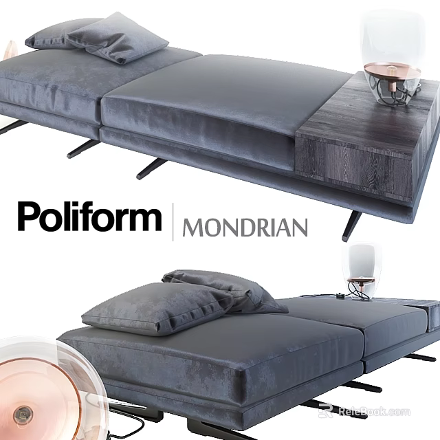 Poliform MONDRIAN Gray Velvet Sofa Bench With Black Metal Legs And Wooden Section 3d model 