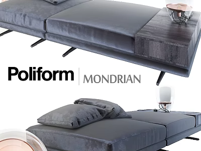 Poliform MONDRIAN Gray Velvet Sofa Bench With Black Metal Legs And Wooden Section 3d model
