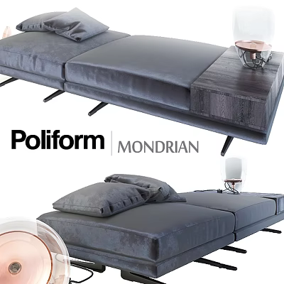 Poliform MONDRIAN Gray Velvet Sofa Bench With Black Metal Legs And Wooden Section 3d model