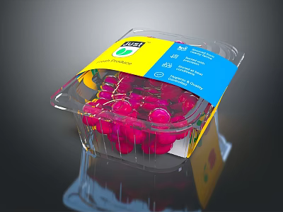 Fresh Juicy Cherries in Transparent Plastic Container with Yellow And Blue Label 3d model
