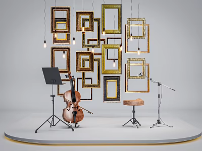 Stage Setup With Hanging Frames Cello Music Stand Microphone Stand And Stool 3d model