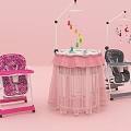 Pink Baby Crib With Hanging Mobile And Surrounding Baby Furniture Set