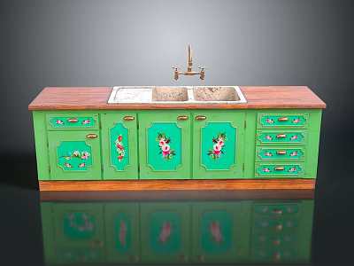 Green Kitchen Cabinet With Floral Pattern Wooden Countertop And Double Sink 3d model