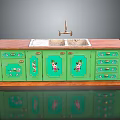 Green Kitchen Cabinet With Floral Pattern Wooden Countertop And Double Sink