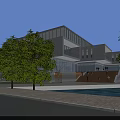 Modern Office Building Featuring Glass Curtain Walls Stone Facade Terrace Plaza and Waterfront Walkway