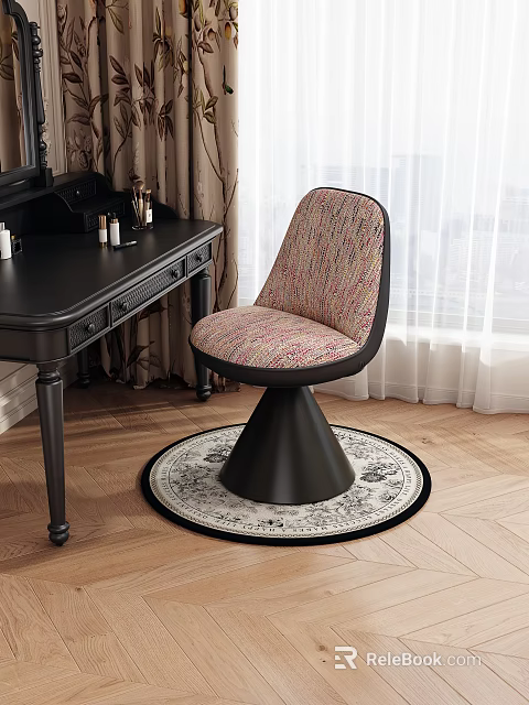 Black Dressing Table With Patterned Upholstered Chair Round Rug And Curtains Near Window 3d model 