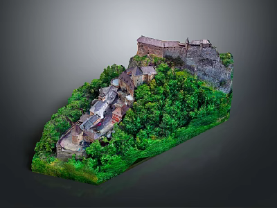 Scenic Castle Building On Hill With Lush Green Vegetation And Small Houses 3d model