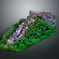 Scenic Castle Building On Hill With Lush Green Vegetation And Small Houses