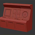 Industrial Control Console With Multiple Green Screens Circular Gauge And Storage Cabinets