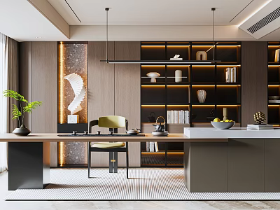 Elegant Modern Restaurant Interior With Open Design Wooden Bookshelf Pendant Lights And Marble Dining Table 3d model