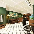 Vintage Style Beauty Hair Salon Interior Design With Warm Wood Decorations And Comfortable Barber Chairs