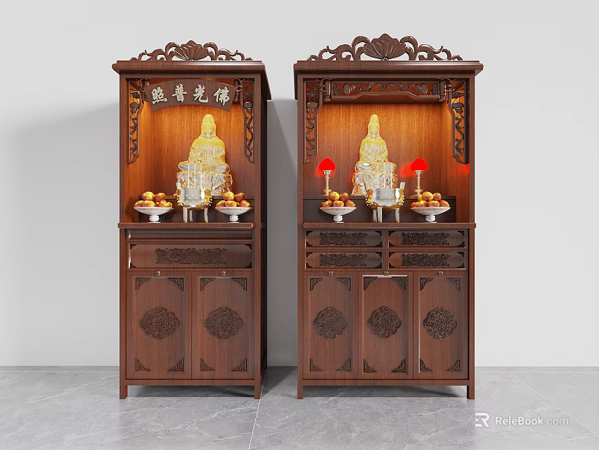 Wooden Buddhist Shrine Cabinet With Carved Patterns Buddha Statue Offerings And Red Lamps 3d model 