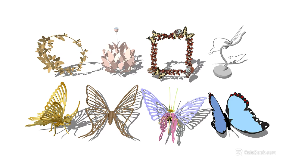 Butterfly Decorative Models With Colorful Metal Pink And Blue Wing Designs And Floral Frames 3d model 