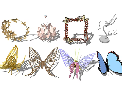 Butterfly Decorative Models With Colorful Metal Pink And Blue Wing Designs And Floral Frames 3d model