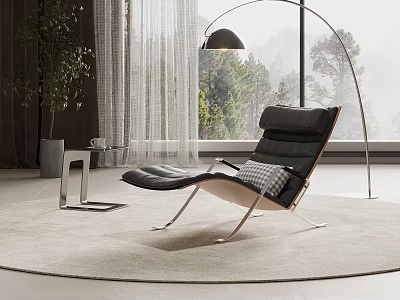 Modern Black Leather Recliner Chair with Floor Lamp Beige Rug Large Window Natural Tree View 3d model