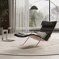 Modern Black Leather Recliner Chair with Floor Lamp Beige Rug Large Window Natural Tree View