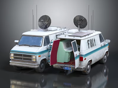 White FBI Surveillance Vans With Satellite Dishes Open Doors And Interior Equipment 3d model