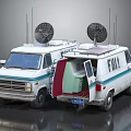 White FBI Surveillance Vans With Satellite Dishes Open Doors And Interior Equipment